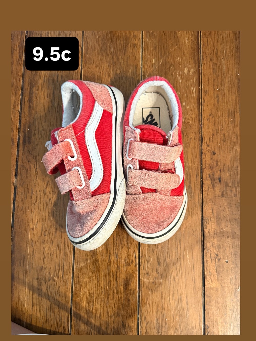 Kids Red Velcro Vans Shoes Size 9.5c - Classic Side Stripe